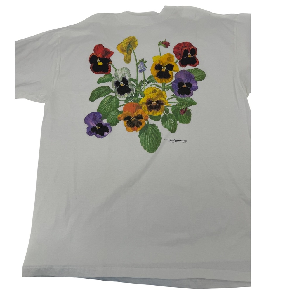 Vintage 90s Roger Swainston T-Shirt Mens XL White Pansy‎ Floral USA